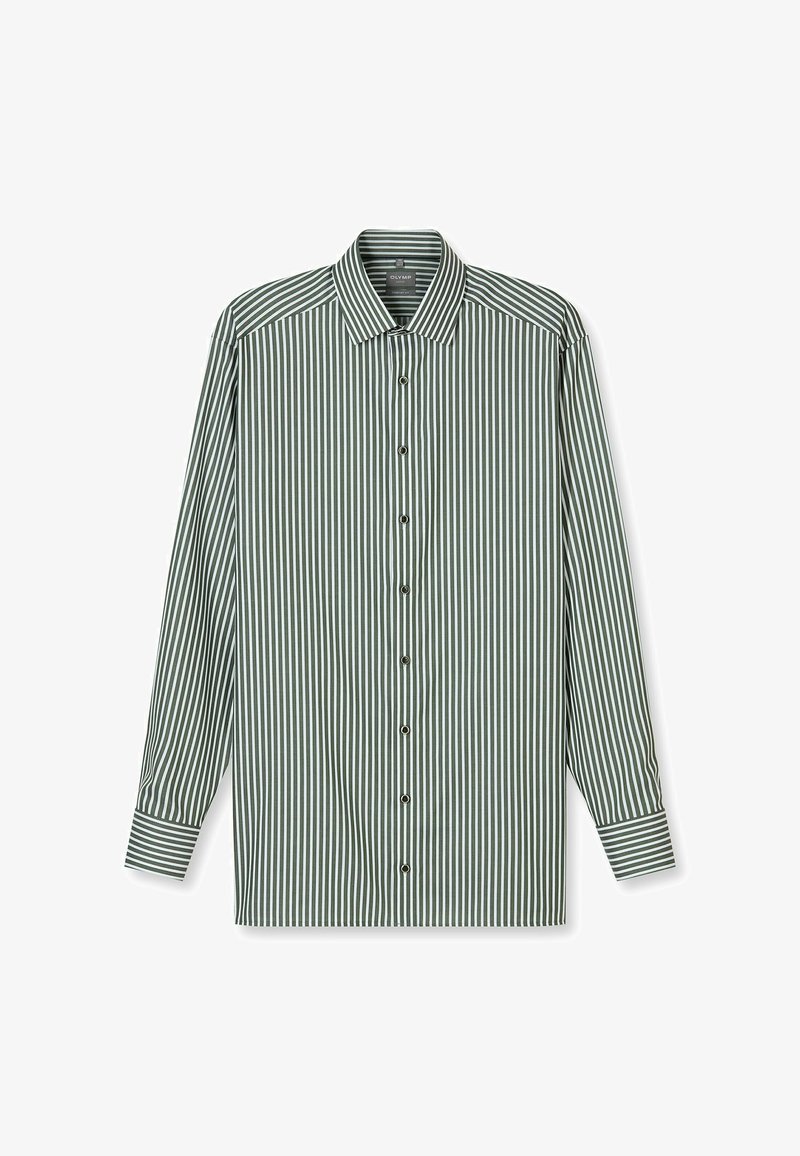 Gestreiftes Langarmshirt in Grün und Weiß mit durchgehender Knopfleiste, klassischem Kragen und geknöpften Manschetten. Weicher Stoff mit glatter Textur.