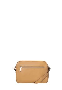 Borsa a tracolla in pelle marrone chiaro con superficie testurizzata, forma rettangolare e tasca anteriore con cerniera. Include una tracolla regolabile e rimovibile.