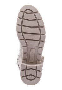 Suola di calzatura in gomma beige con superficie testurizzata e scanalata. Presenta un logo e un'indicazione di misura. La forma è arrotondata nella punta con un design piatto.