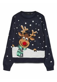 Granatowy dzianinowy sweter z wzorem renifera z czerwonym nosem, zielonym szalikiem i płatkami śniegu. Ozdobiony złotymi dzwoneczkami.