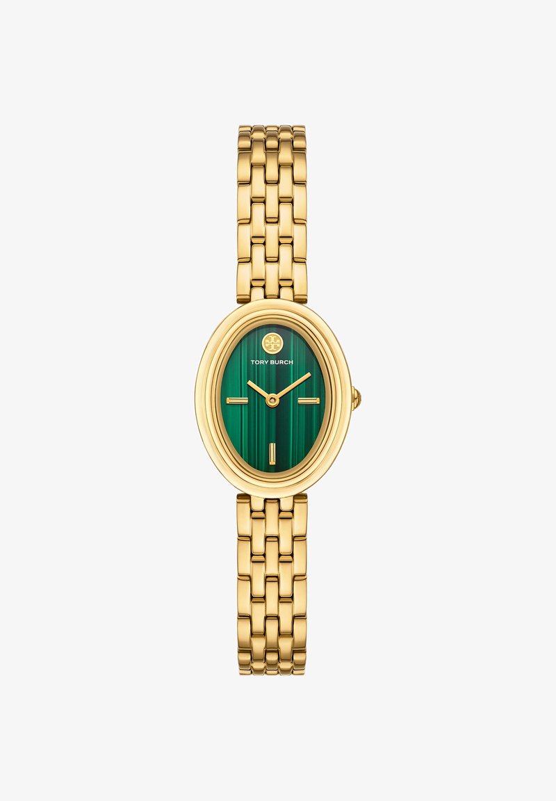 Montre bracelet en or avec cadran ovale en malachite verte, index dorés minimalistes et logo Tory Burch à 12 heures.