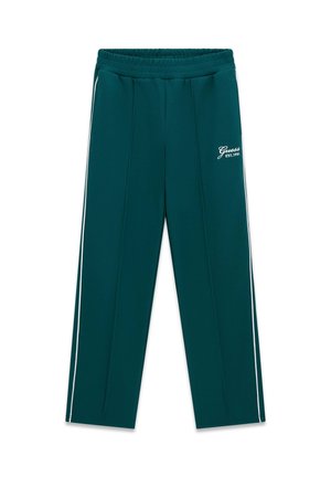 Donkergroene trainingsbroek met witte zijstrepen, elastische tailleband en "Guess EST. 1981" logo op het bovenste linkerbeen.