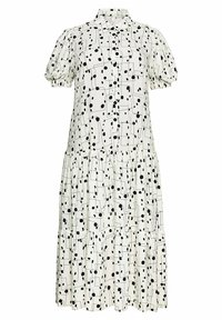 Weißes Hemdkleid mit schwarzen abstrakten Formen und Linien. Hat kurze Puffärmel und einen gestuften Rock. Vorderer Knopfverschluss.