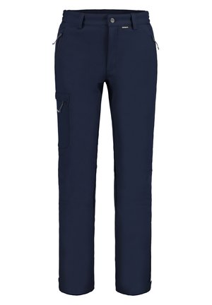 Marineblaue Hose aus strapazierfähigem Stoff, mit geradem Bein, seitlichen Reißverschlusstaschen und einer Cargo-Tasche auf dem linken Oberschenkel.