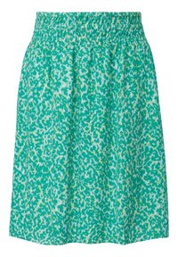 Jupe verte avec une taille élastique, ornée d'un motif abstrait coloré dans des nuances de vert, jaune et blanc. Tissu léger.