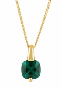 Zlatý náhrdelník s retiazkou s krúteným dizajnom, s veľkým zeleným drahokamom v tvare vankúšika upevneným hladkým úchytom a malým okrúhlym doplnkom.