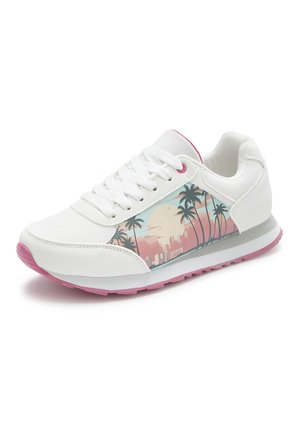 White sneaker with pink accents, featuring a side panel showing palm trees and a city skyline at sunset in pastel colors.