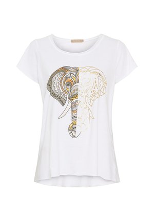 Hvid T-shirt med et geometrisk elefantgrafik i grå, guld og orange. Blødt materiale med rund halsudskæring og korte ærmer.
