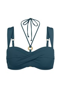 Jasnoniebieski biustonosz bikini z zawiązanym przodem, szerokimi ramiączkami i szyją na halter. Zawiera złote akcenty na środku oraz regulowane ramiączka. Gładka faktura.