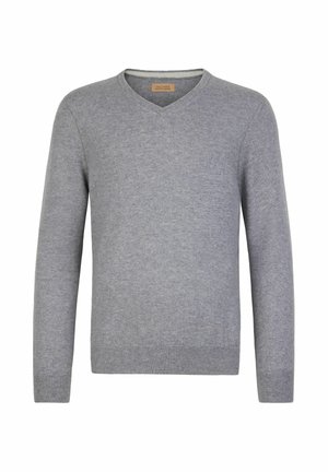 Szary sweter z dekoltem w serek wykonany z miękkiego dzianiny, z długimi rękawami, ściągaczami przy mankietach i w pasie. Minimalistyczny design bez wzorów lub akcentów.