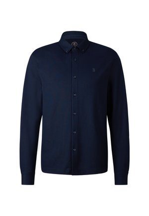 Navy blue long-sleeve shirt with button-down collar, front button closure, textured fabric, and subtle logo on the chest.
