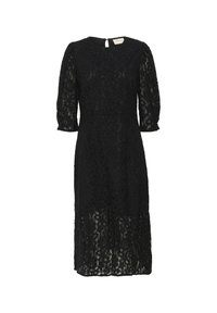 Black lace dress with three-quarter sleeves, floral pattern, and knee-length cut. Features a round neckline and back zip closure.