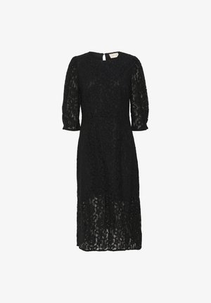 Black lace dress with three-quarter sleeves, floral pattern, and knee-length cut. Features a round neckline and back zip closure.