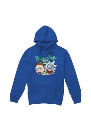 Blauer Hoodie mit Fronttasche, mit bunten Rick- und Morty-Gesichtern mit wirbelnden Augen und dem Logo der Show darüber.