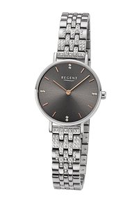 Montre en métal argenté avec un cadran rond en noir texturé, des accents en or rose et un bracelet à maillons orné de cristaux.