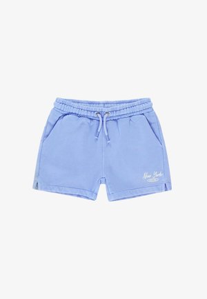 Lichtblauwe katoenen shorts met een elastische tailleband, verstelkoord, voorzakken en "New York EST.82" geborduurd in het wit.