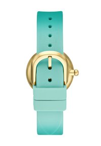 Ett turkos silikon klockarmband med ett guldspänne, med en slät yta och en rund urtavla. Armbandet har flera justeringshål.