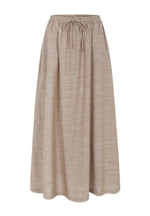Bézs és barna kockás midi szoknya elasztikus derékpánttal és húzózsinórral, légies anyagból, A-vonalú sziluettel.