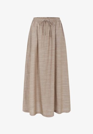 Falda midi a cuadros beige y marrón con cintura elástica y cordón, tejido fluido y silueta en línea A.