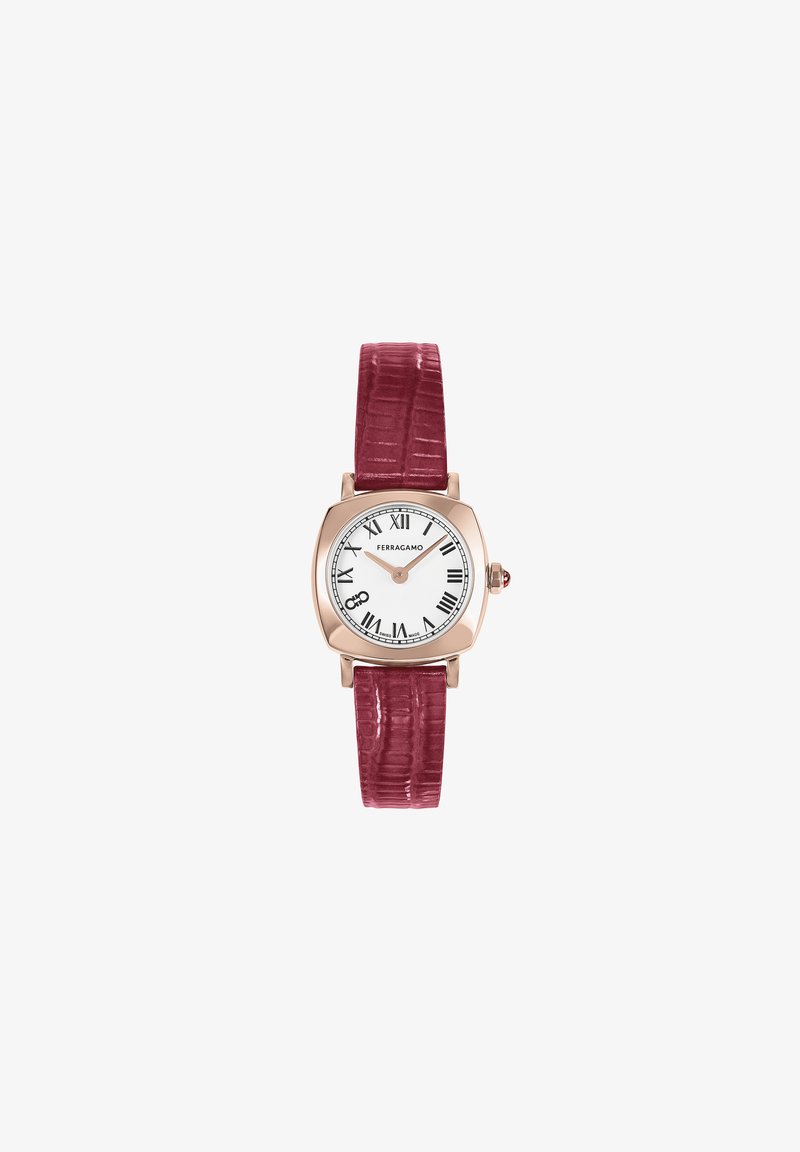 Orologio quadrato con quadrante bianco, numeri romani; cassa in oro rosa; cinturino in pelle racchiusa bordeaux con finitura lucida.