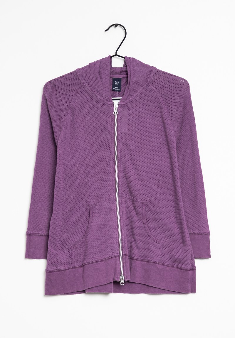Felpa zip con cappuccio di colore viola, con un design testurizzato, tasche frontali e cappuccio. Presenta una cerniera argento e un taglio rilassato all'orlo.