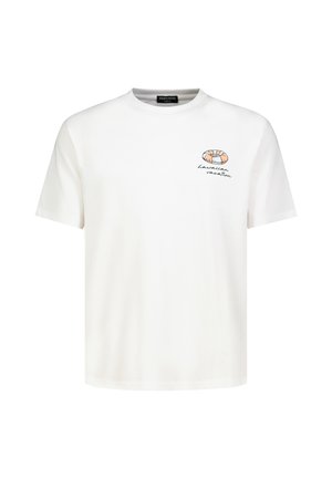 Weißes T-Shirt mit kurzen Ärmeln, kleinem orange-weißem Rettungsring und dem Schriftzug "Hawaiian vacation" auf der linken Brust.