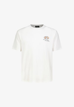 White short-sleeve T-shirt with small orange and white lifebuoy and "Hawaiian vacation" text on left chest.