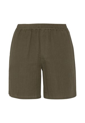 Shorts décontractés vert olive avec une ceinture élastique et une texture verticale subtile sur un fond blanc uni.