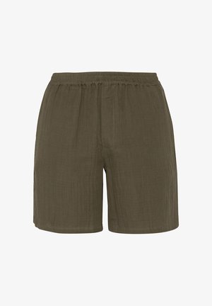 Olive green casual shorts with an elastic waistband and subtle vertical texture on a plain white background.