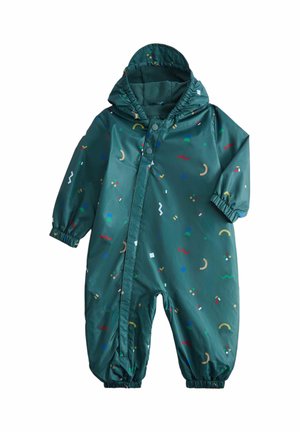 Mørkegrøn babydragt med hætte, elastiske manchetter og farverige geometriske former spredt over stoffet, designet til koldt vejr.
