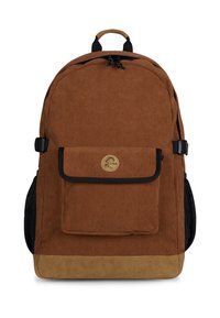 Brauner Cordura-Rucksack mit einer Vorder Tasche, schwarzen Akzenten und einem Wildlederboden. Verfügt über verstellbare Träger und einen oberen Traggriff.