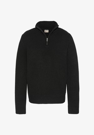 Schwarzer gerippter Pullover mit Reißverschluss am Kragen. Verfügt über lange Ärmel und ein strukturiertes Stoffmuster. Klassisches, vielseitiges Design.