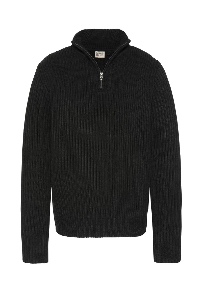 Maglione nero a coste con collo con zip. Presenta maniche lunghe e un motivo di tessuto testurizzato. Design classico e versatile.