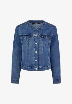 Sininen farkkutakki, jossa on pitkät hihat, pyöreä kaula-aukko, kaksi rintataskua, hopeiset napit ja lyhyt leikattu malli. Pehmeä tekstuuri, klassinen muotoilu.