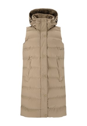 Beige polstret ærmeløs vest med høj krave, hætte, to sidelommer og trykknaplukninger. Glat tekstur med subtile brandingdetaljer.