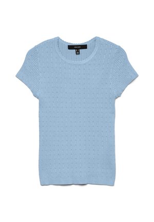 Hellblaues Strickoberteil mit kurzen Ärmeln, Rippstruktur und kleinen Lochdetails, abgerundetem Ausschnitt und figurbetonter Silhouette.