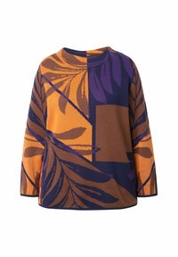 Pull en tricot avec un col rond, présentant un motif géométrique en orange, marron et violet avec des motifs de feuilles et une coupe décontractée.