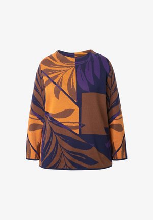 Gebreide top met een ronde hals, voorzien van een geometrisch patroon in oranje, bruin en paars met bladmotieven en een comfortabele pasvorm.