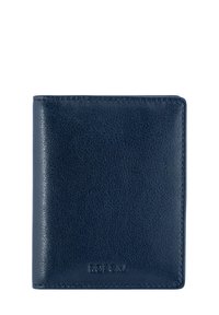 Navy leather wallet with a smooth texture, minimal design, and a debossed logo. Features visible stitching and a compact rectangular shape.