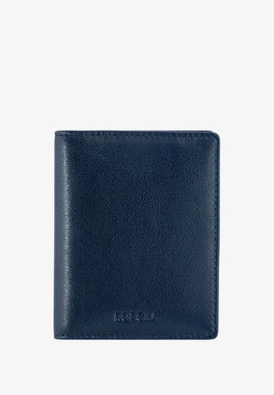 Navy leather wallet with a smooth texture, minimal design, and a debossed logo. Features visible stitching and a compact rectangular shape.
