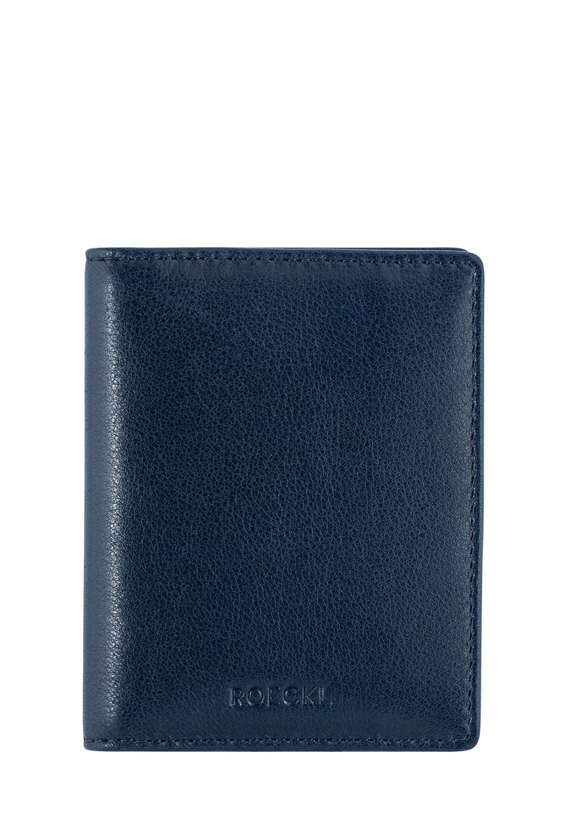 Navy leather wallet with a smooth texture, minimal design, and a debossed logo. Features visible stitching and a compact rectangular shape.