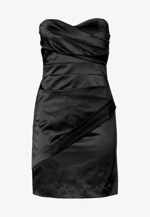 Strapless black satin dress with draped folds, a fitted silhouette, and a diagonal accent on the right side. Smooth texture and sheen.