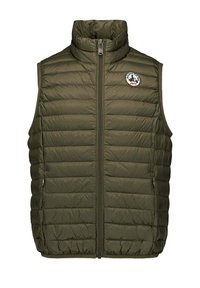 Gilet imbottito senza maniche verde oliva trapuntato con cerniera frontale, collo alto, tasche laterali e patch con logo tondo sul petto sinistro.