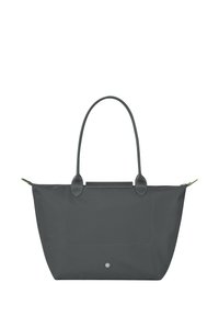 Borsa a spalla grigia scura con due manici, corpo in tessuto liscio, tasca frontale piatta e una piccola tasca con zip con un accento verde.
