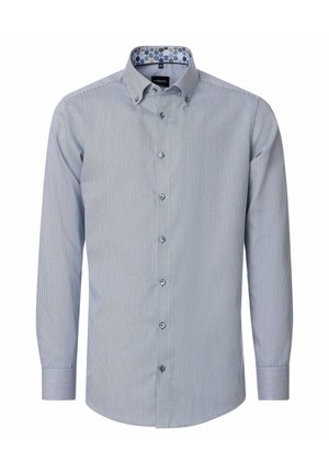Męska koszula z długim rękawem zapinana na guziki, z delikatnymi niebiesko-białymi paskami i wzorzystym wykończeniem wewnętrznego kołnierzyka.