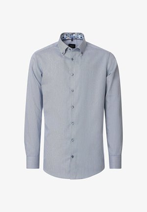 Herre-langærmet skjorte med knapper, med fine blå og hvide striber og mønstret detalje på den indvendige krave.