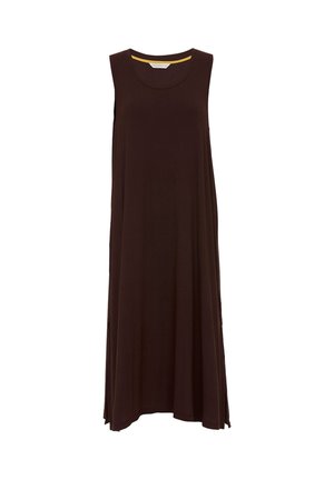 Ärmelloses, dunkelbraunes, langes Kleid mit rundem Ausschnitt und fließendem Stoff, präsentiert vor einem weißen Hintergrund.