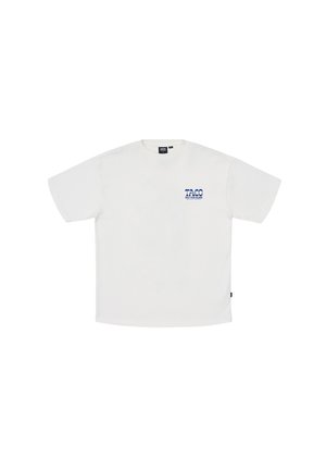 Bílý bavlněný tričko s krátkými rukávy, s modrým logem na levé hrudi. Klasický design s kulatým výstřihem a volným střihem.