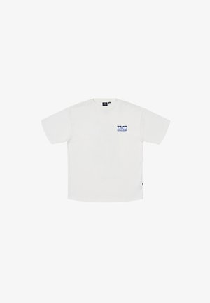 Bílý bavlněný tričko s krátkými rukávy, s modrým logem na levé hrudi. Klasický design s kulatým výstřihem a volným střihem.