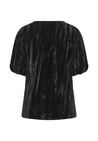 Top corto in velluto nero con scollatura quadrata e maniche a sbuffo arricciate, visto da dietro.